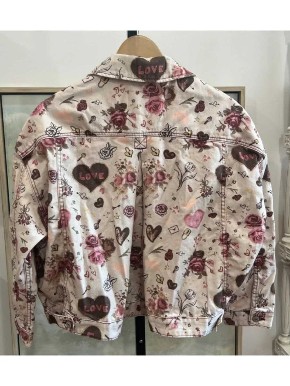 Free People Swing Printed Denim Jacket Graffiti Hearts Floral Print Size XS - Picture 6 of 6